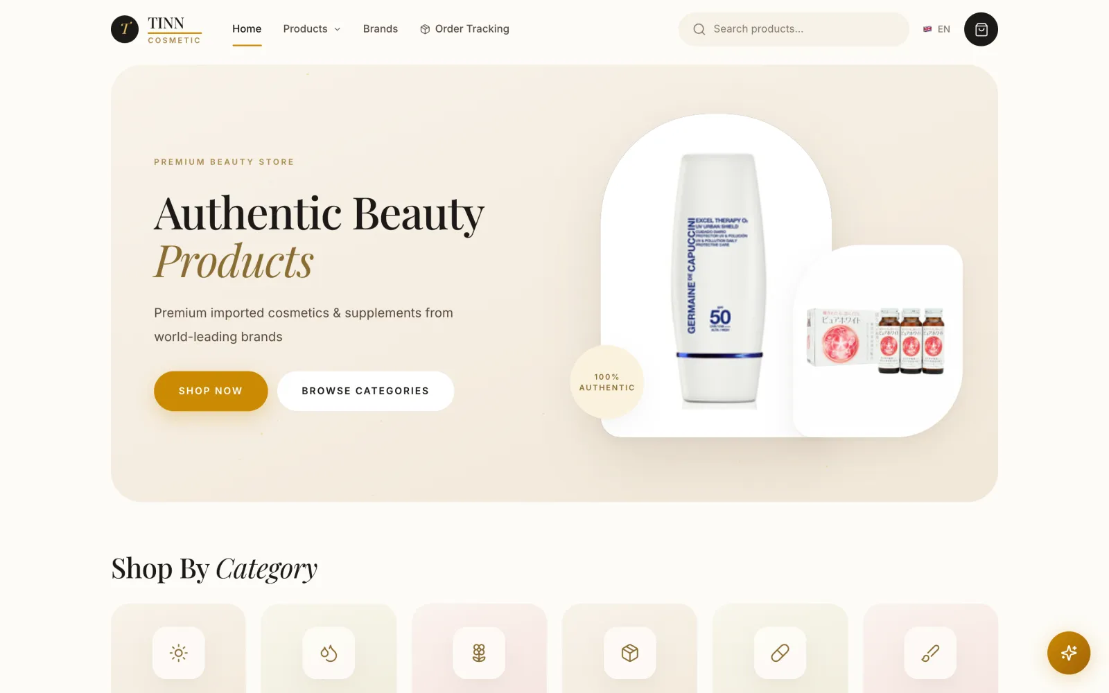 Tinn Cosmetic storefront home page: “Authentic Beauty Products” hero with Shop now and Browse categories buttons